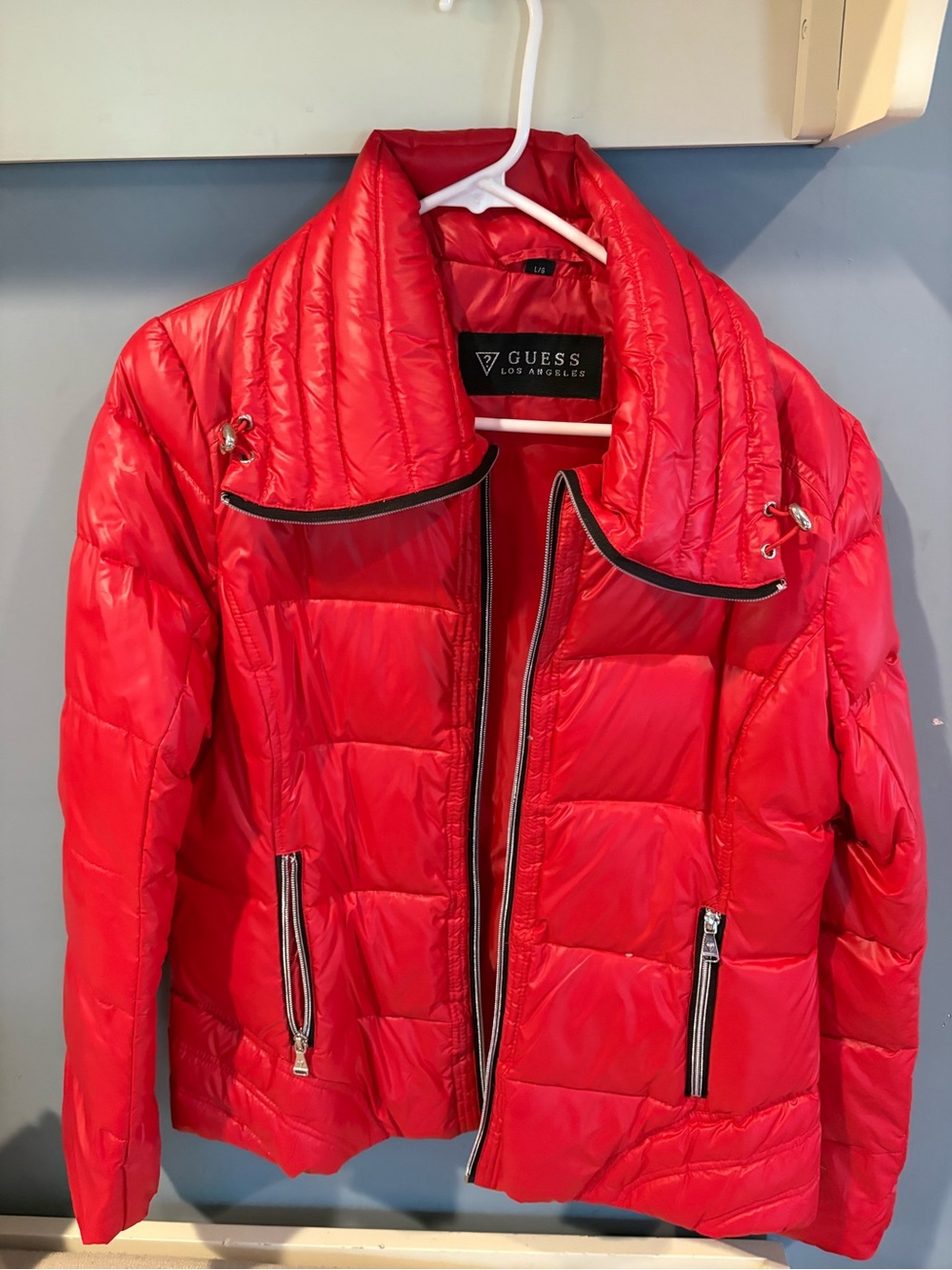 Guess Red Quilted Puffer Jacket with Black Trim